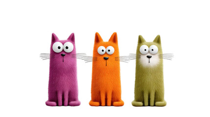 Three colorful cartoon cats in playful poses with expressive faces against a white background