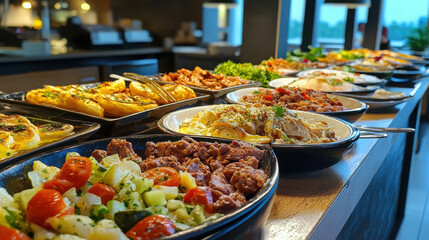 Obraz premium Abundant Spread of Colorful Dishes on a Buffet Table Showcasing Fresh Ingredients and Culinary Variety in a Modern Dining Environment