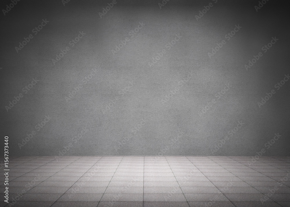 Poster flat design empty studio space is featuring concrete wall, grid tiled floor and vignette lighting