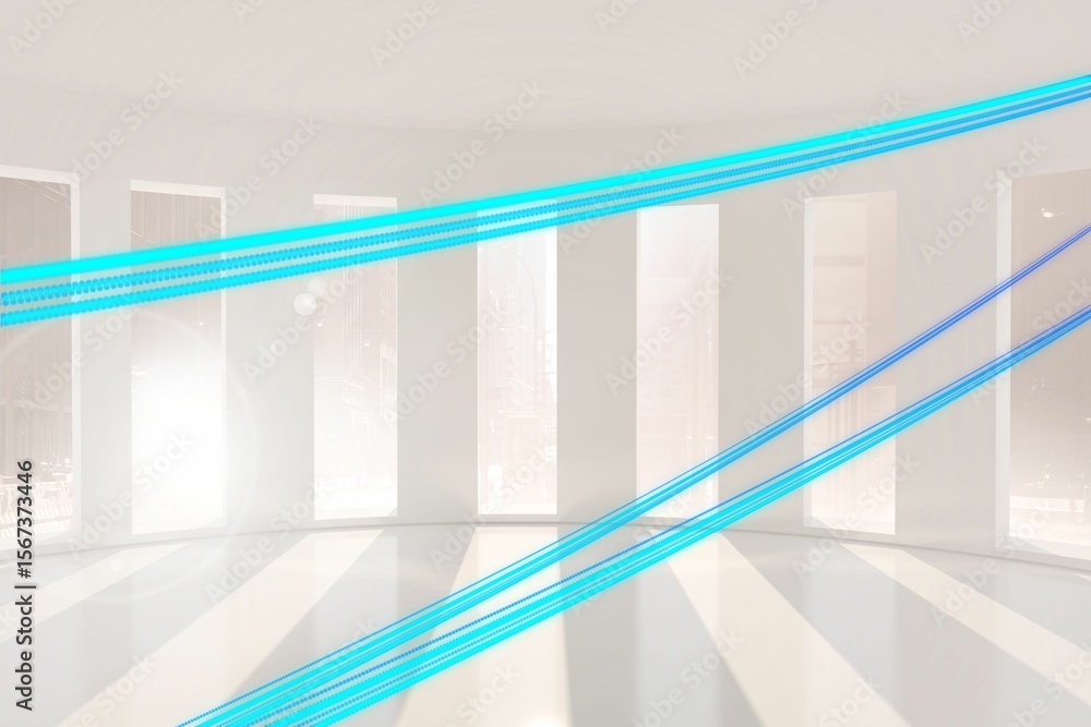 Poster flat design showing blue diagonal beams slicing curved white hall with mirror floor and windows
