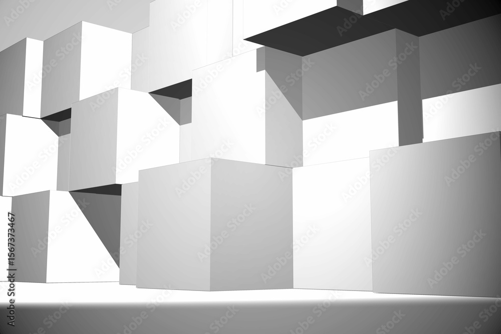 Aufkleber white cubes are stacking in minimalistic 3d render studio, showing strong light and shadow