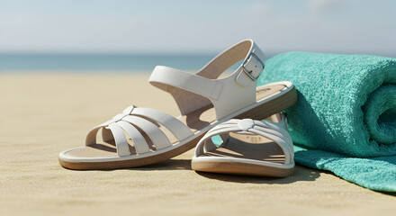 Obraz premium Pair of white slide sandals with a chunky heel resting on a sandy beach near a turquoise towel, perfect for summer beach outings and relaxing seaside vacations