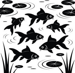 Goldfish swimming in seamless pattern with aquatic plants in artistic silhouette vector design