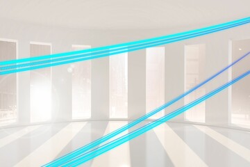 Flat design showing blue diagonal beams slicing curved white hall with mirror floor and windows