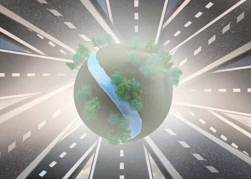 Fototapeta Digitally generated earth floating over streets