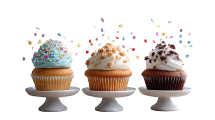 Three colorful cupcakes on white stands with festive sprinkles and confetti in the background