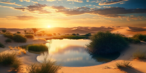Obraz premium Surrounded by huge sand dunes, a peaceful oasis with vibrant greenery and golden sunset reflections. 