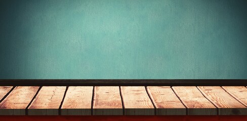 Wooden plank platform is stretching along teal textured wall with dark baseboard in flat design