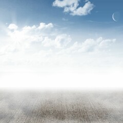 Flat design showing textured concrete stretching to horizon, sun filtering clouds, moon shining © vectorfusionart