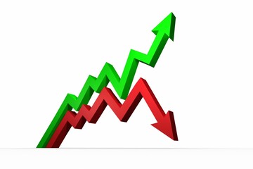 Two 3D zigzag arrows are emerging from bottom against white background, trending green up, red down