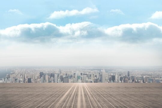Fototapeta Flat design illustration showing wooden deck planks leading toward urban skyline under cloudy sky