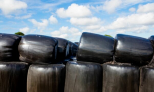 Fototapeta Hay bales against cloudy sky