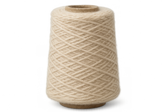 Beige yarn wound on a cone, featuring a transparent background, offering a perfect material for various textile projects and crafts