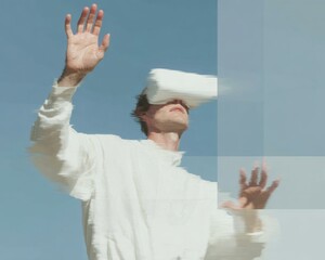 Trendy glitch-effect image of young man wearing VR headset using haptic gloves, immersive tech interaction, digital future concept in modern lifestyle setting