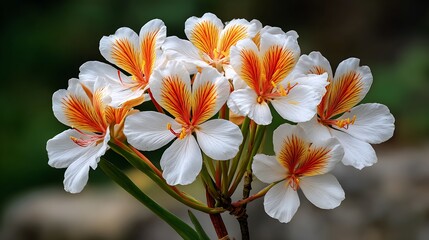 Close up macro shot of a cluster of delicate white flowers with vibrant orange and yellow striped petals and red stamens