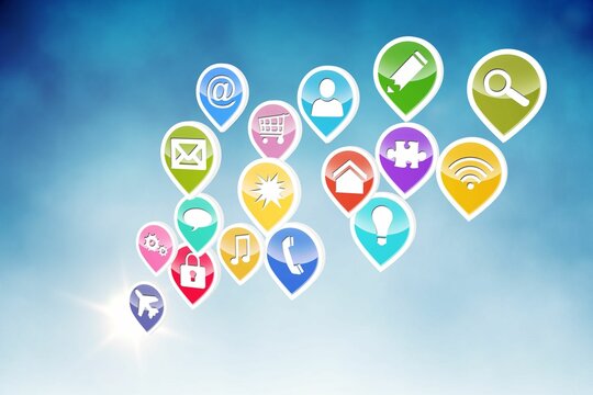 Colorful map pin markers with flat design icons are floating against blue sky gradient, copy space