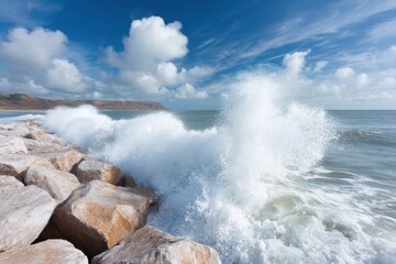 Premium Coastal Shoreline Defense with Natural Boulders and Ocean Waves Modern Environmental Protection for Millennial Marketing and Editorial Use