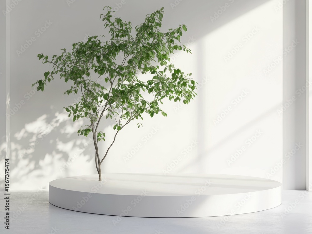 Poster high resolution picture of minimalist white podium display against a clean and simple backdrop ideal