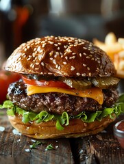 A juicy cheeseburger with lettuce, tomato, pickles, and onions on a toasted sesame seed bun.