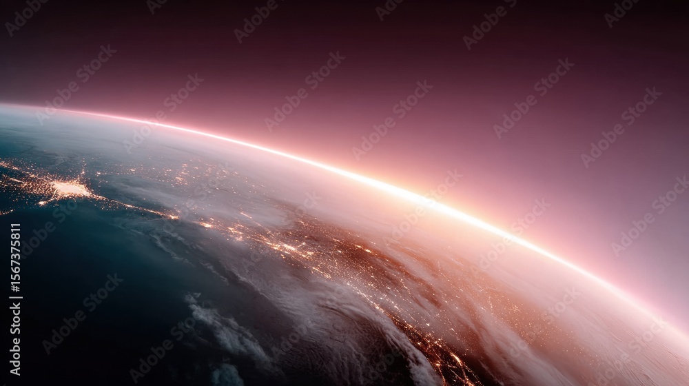 Poster Quantum Satellite Network Above Earth Connecting Illuminated Cities Across Continents, Visualizing Global Digital Collaboration and Advanced Communication Technology