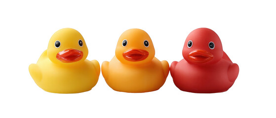 Three colorful rubber ducks in a playful arrangement against a clean white background