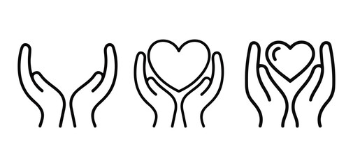 Cupped Hands Holding Heart Outline Icons.