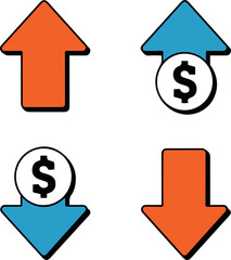 Vector illustration: Up and down arrows with dollar signs, financial market graphic.