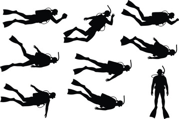 Obraz premium Scuba diving vector silhouette illustration underwater divers ocean sea sport activity adventure black white art