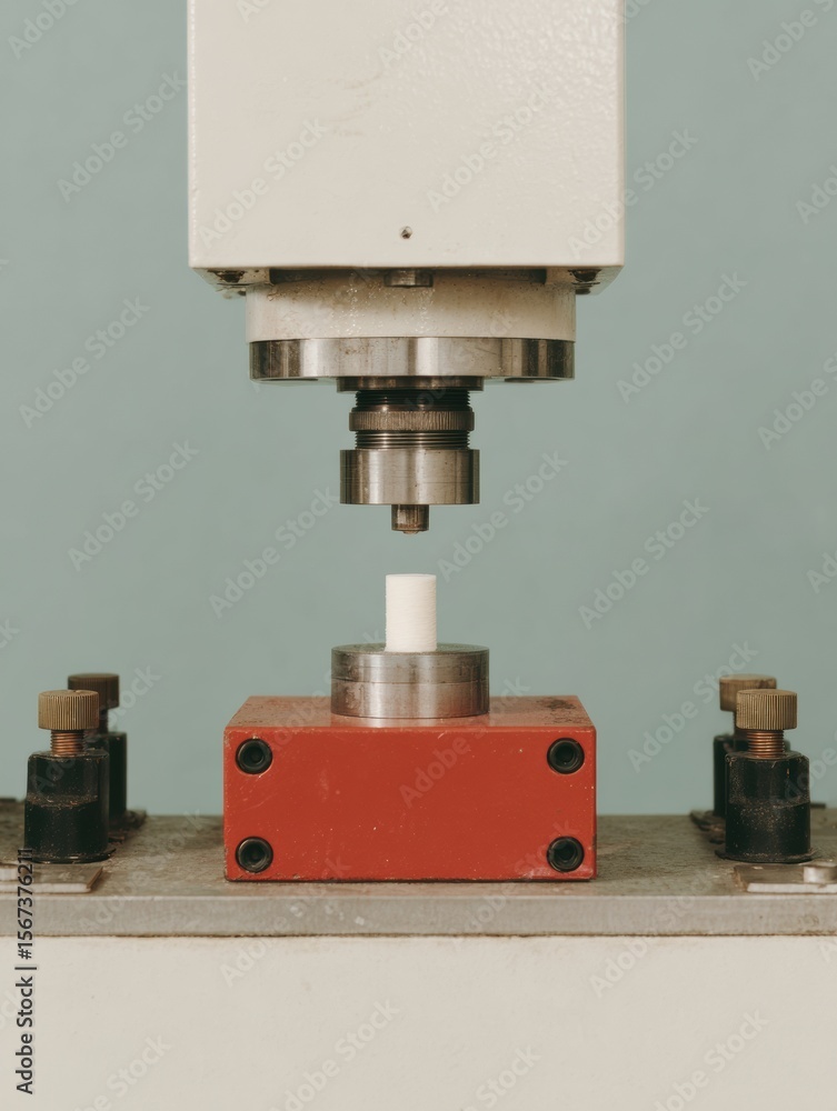 Poster Industrial Tensile Strength Testing Machine Applying Force on Material Specimen in Quality Assurance Lab for Manufacturing Innovation and Durability