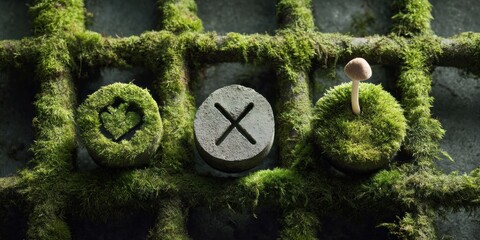 Premium Environmental Compliance Concept with Wooden Health Safety Environment Icons on Mossy Forest Floor for Inspiring Corporate Marketing Campaigns