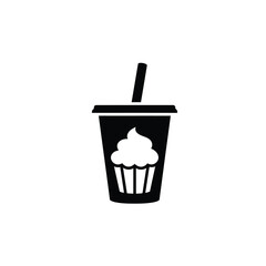 Black silhouette of boba tea cup with cupcake icon