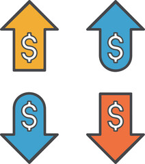 Vector illustration: Colorful arrows with dollar signs, up and down trends.