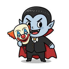 Cartoon vampire with blue skin, fangs, and a red cape, dressed in a black suit and holding a clown mask featuring a red nose, blue eye makeup, and orange hair, blending spooky and silly styles.