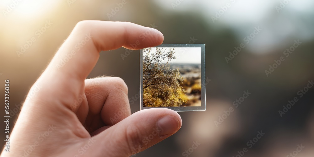 Poster premium authentic hand-held nature slide with blurred outdoors modern visual memory for digital mark