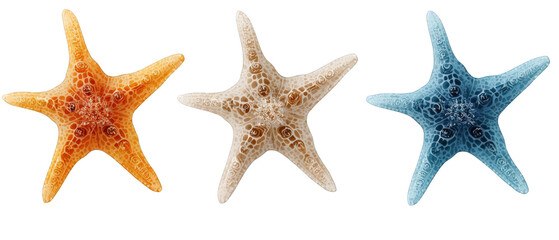 Three colorful starfish arranged in a row, showcasing their unique textures and colors against a white background
