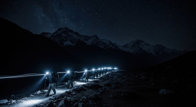 Pilgrims Trekking at Night Under Starry Sky – Amarnath Yatra Long Exposure Shot