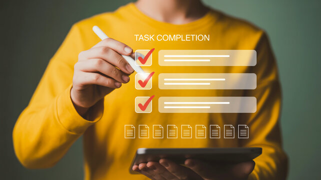 A modern digital illustration shows a person in yellow using a white stylus to check boxes on a floating semi-transparent checklist interface