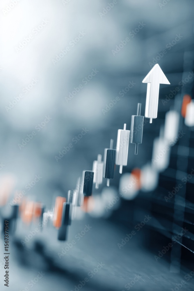 Poster upward trending stock market chart with candlestick patterns and arrow symbolizing financial growth 