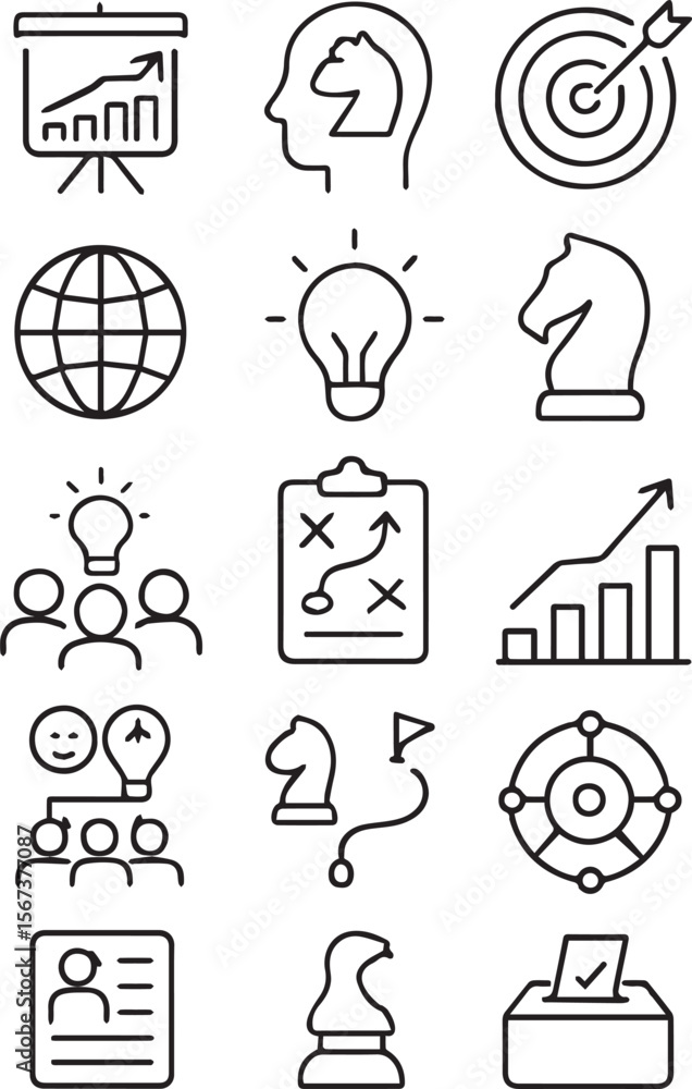 Poster business strategy set of web icons in line style. a collection of linear icon representing key busin