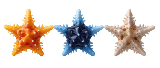 Three colorful star-shaped sea creatures displayed side by side against a white background