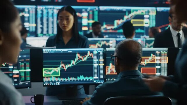 Diverse team collaborating in modern trading room analyzing financial data and charts - Powered by Adobe