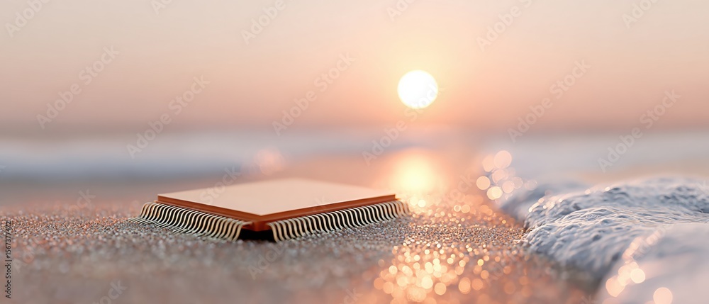 Aufkleber Quantum Chip on Sand at Sunrise with Neural Network Circuitry, Advanced Semiconductor Design Symbolizing Future AI Technology and Scalable Computational Intelligence