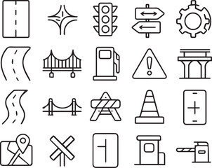 Road infrastructure line editable icon set. Editable stroke. Vector illustration