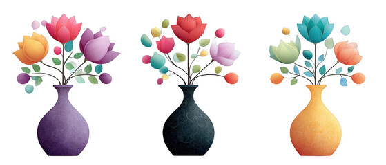 Three colorful vases filled with vibrant flowers, showcasing artistic floral arrangements