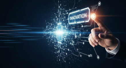 A person's finger pressing a glowing button labeled "Innovation" in a digital environment.
