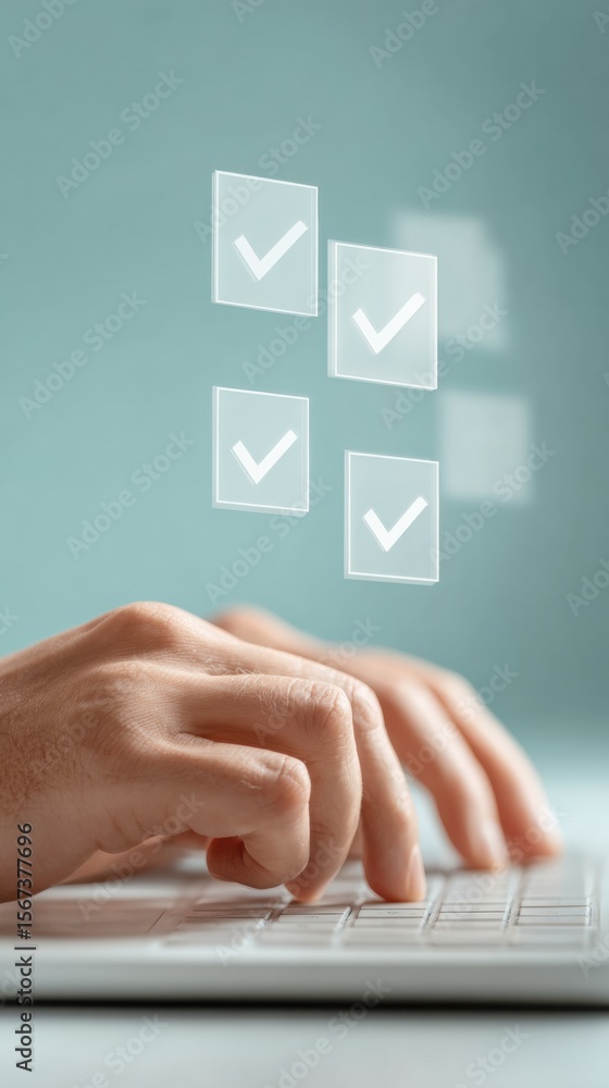 Poster Professional Election Audit Hands Typing on Laptop with Digital Survey Checkboxes Modern Authentic Tech Content for Corporate and Social Media Campaigns