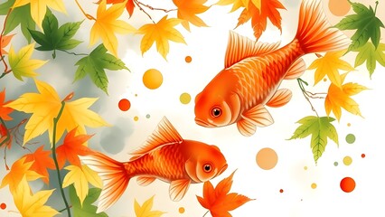 goldfish in water, Goldfish illustration, Koi fish art, Japanese art style, Autumn leaves, Autumn leaves and goldfish illustration, Vibrant fall foliage with Koi fish
