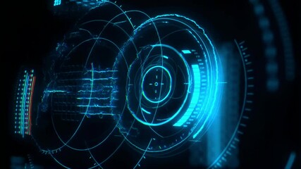 Futuristic HUD interface with glitch effects and rotating holographic elements.
- Powered by Adobe