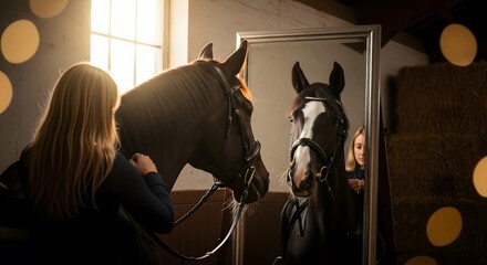 Equestrian Rider and Horse Prepare for Competition A Barn Reflection