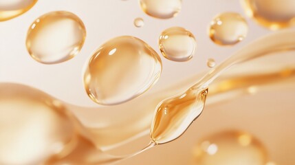 Close up of Vitamin C serum droplets being applied to radiant skin highlighting the glowing effect The backdrop is minimalistic with soft warm lighting for a clean beauty aesthetic